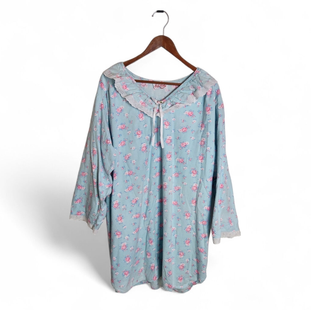 Lady Lindsay 100% Cotton Floral Nightgown - Size 1X, Made in USA, Lace Collar